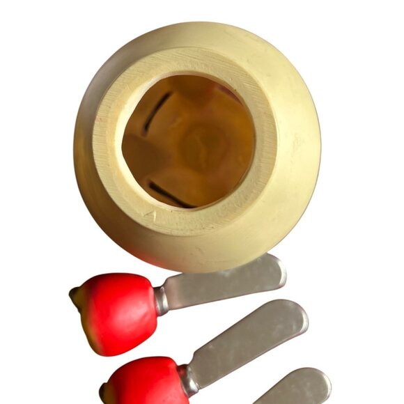 Vtg Red & Yellow Apple Spreaders With Ceramic Bowl - Set Of 4 Spreaders & Bowl - Picture 5 of 7